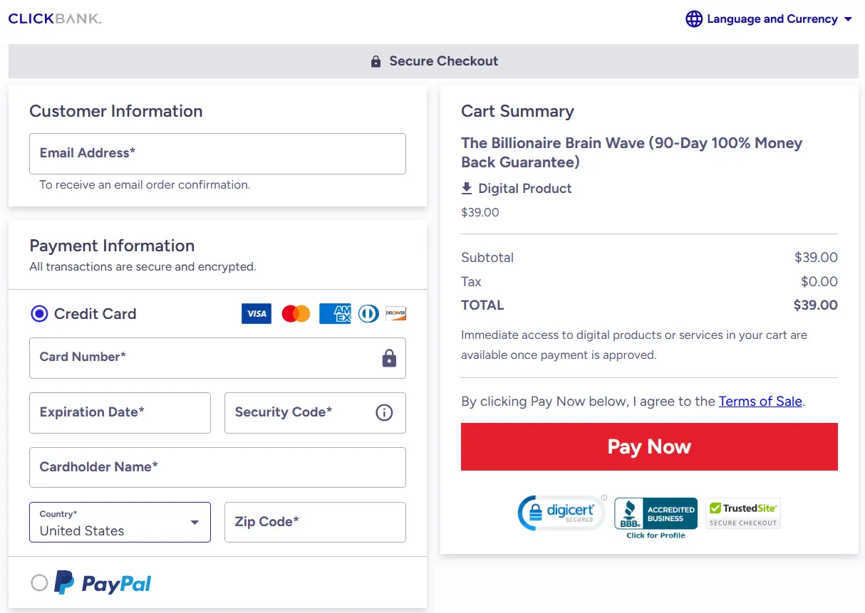 Billionaire Brain Wave checkout page